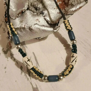 Handcrafted India Tribal Black Blue Cream Silver Yak Bone Leather Necklace